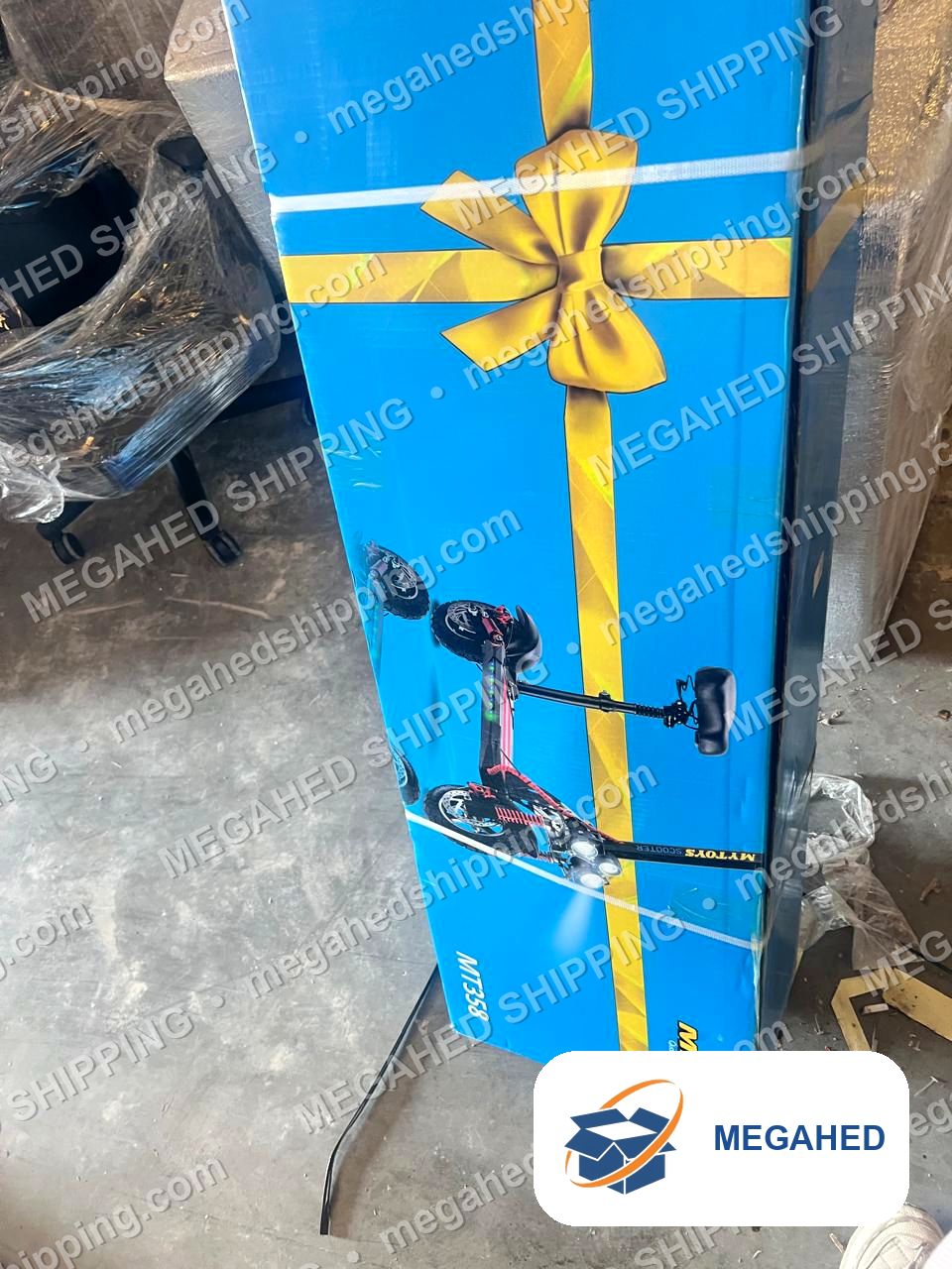 Boxed e-scooter, wrapped